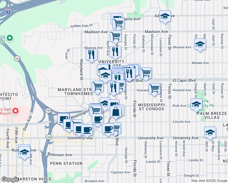map of restaurants, bars, coffee shops, grocery stores, and more near 4170 Park Boulevard in San Diego
