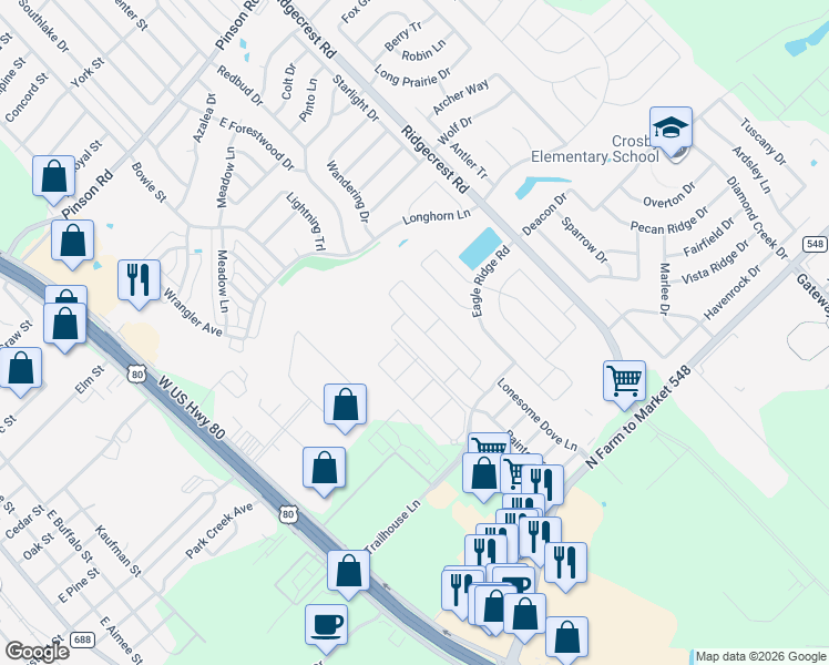 map of restaurants, bars, coffee shops, grocery stores, and more near 285 Giddings Trail in Forney