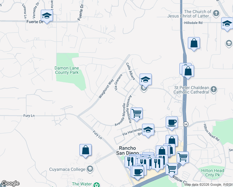 map of restaurants, bars, coffee shops, grocery stores, and more near 11844 Via Granero in El Cajon