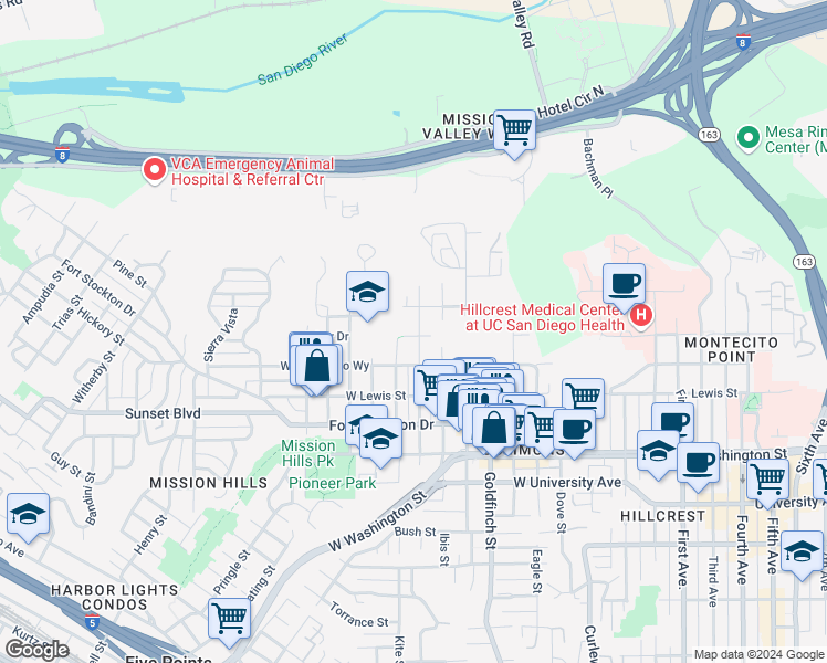 map of restaurants, bars, coffee shops, grocery stores, and more near 1212 West Arbor Drive in San Diego