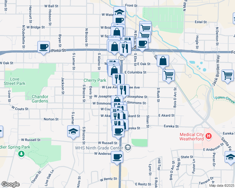 map of restaurants, bars, coffee shops, grocery stores, and more near 112 West Josephine Street in Weatherford
