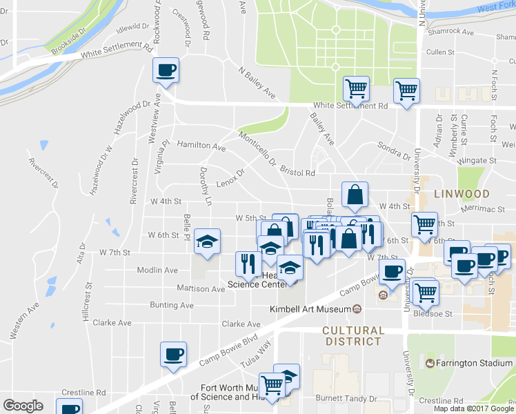 map of restaurants, bars, coffee shops, grocery stores, and more near 3703 West 4th Street in Fort Worth