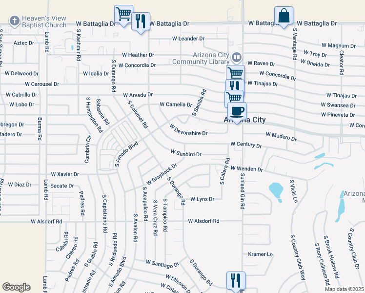 map of restaurants, bars, coffee shops, grocery stores, and more near 10133 West Century Drive in Arizona City