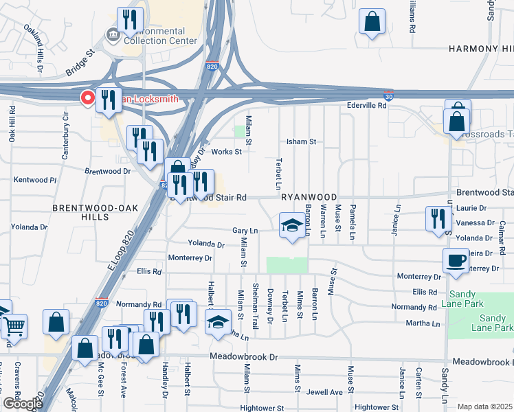 map of restaurants, bars, coffee shops, grocery stores, and more near 1704 Downey Drive in Fort Worth