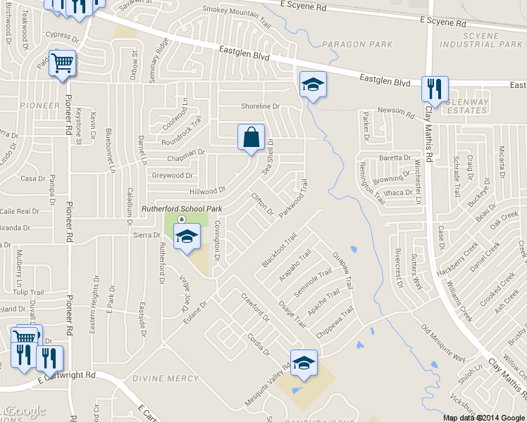 map of restaurants, bars, coffee shops, grocery stores, and more near 1928 Clifton Drive in Mesquite