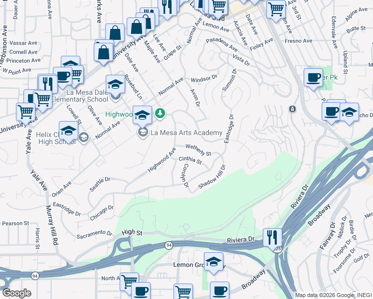 map of restaurants, bars, coffee shops, grocery stores, and more near 7947 Wetherly Street in La Mesa