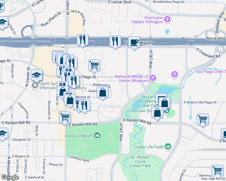 map of restaurants, bars, coffee shops, grocery stores, and more near 1309 Wildwood Drive in Arlington