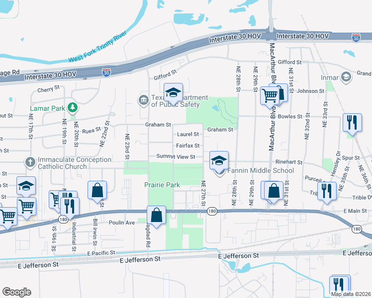 map of restaurants, bars, coffee shops, grocery stores, and more near 2521 Fairfax Street in Grand Prairie