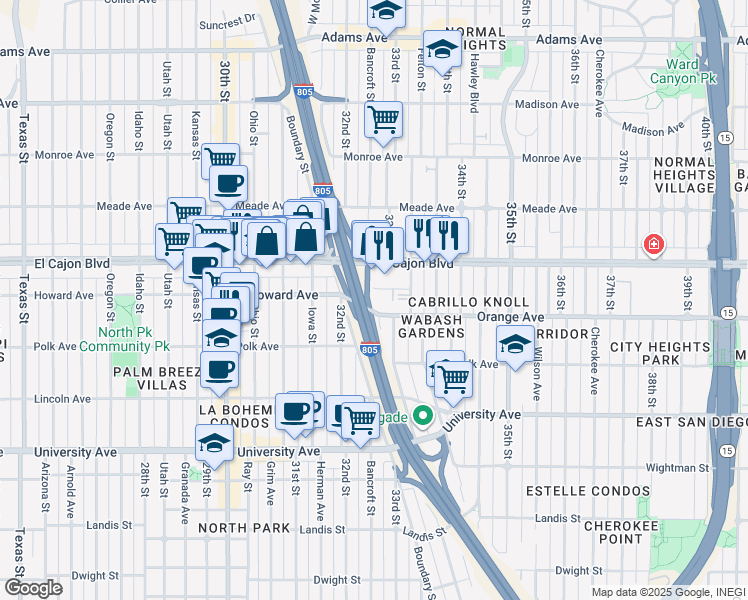 map of restaurants, bars, coffee shops, grocery stores, and more near 3253 Bramson Place in San Diego