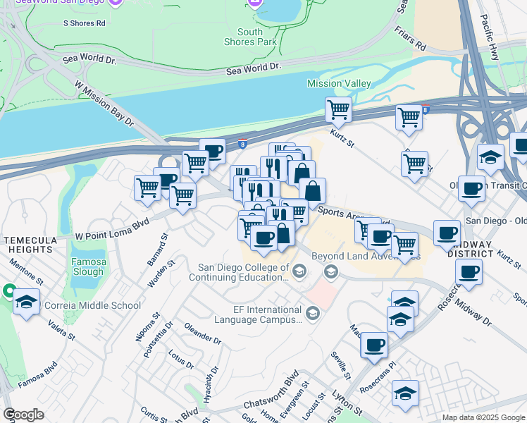 map of restaurants, bars, coffee shops, grocery stores, and more near 3760 Midway Dr in San Diego