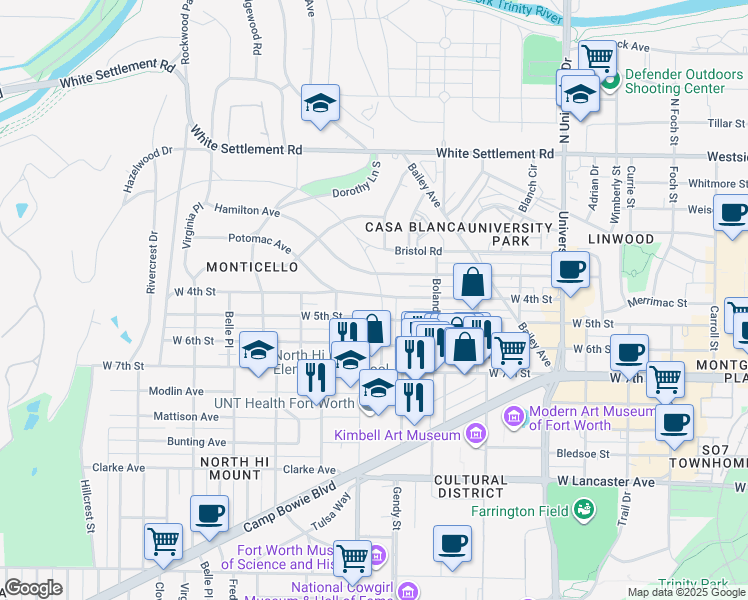 map of restaurants, bars, coffee shops, grocery stores, and more near 3551 West 4th Street in Fort Worth
