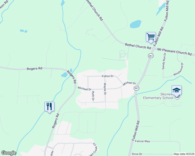 map of restaurants, bars, coffee shops, grocery stores, and more near 6418 Fulton Drive in Lizella