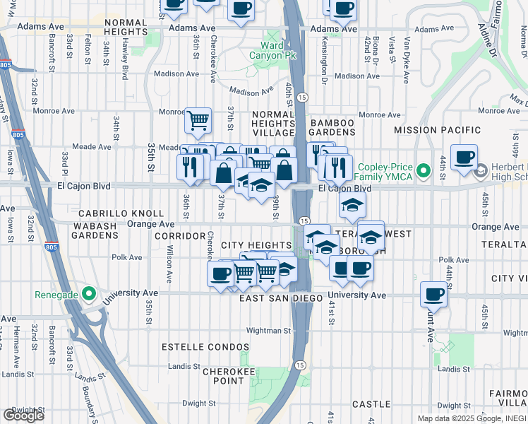 map of restaurants, bars, coffee shops, grocery stores, and more near 3838 Orange Avenue in San Diego