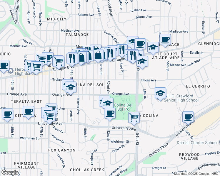 map of restaurants, bars, coffee shops, grocery stores, and more near 4262 52nd Street in San Diego