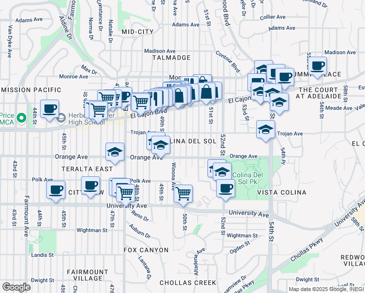 map of restaurants, bars, coffee shops, grocery stores, and more near in San Diego