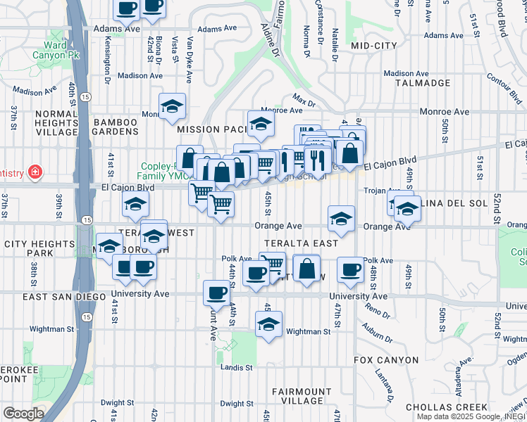 map of restaurants, bars, coffee shops, grocery stores, and more near 4233 45th Street in San Diego