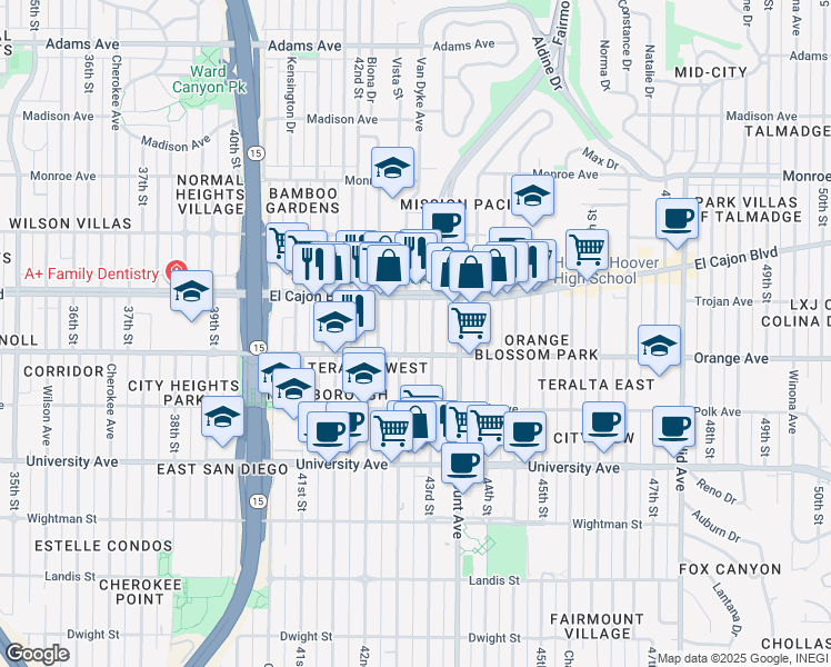 map of restaurants, bars, coffee shops, grocery stores, and more near 4246 43rd Street in San Diego