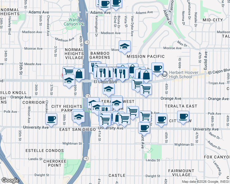 map of restaurants, bars, coffee shops, grocery stores, and more near 4204 Orange Avenue in San Diego