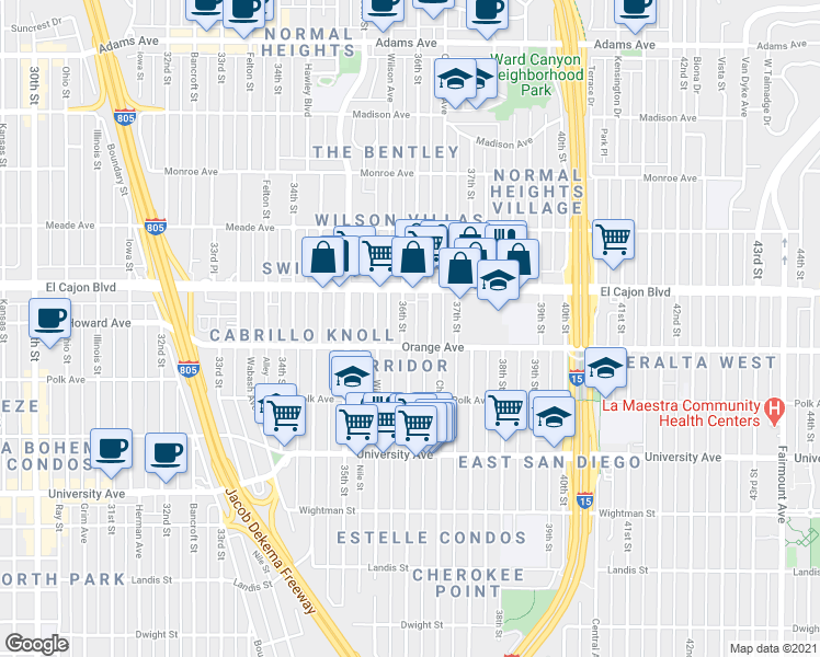 map of restaurants, bars, coffee shops, grocery stores, and more near 4235 36th Street in San Diego