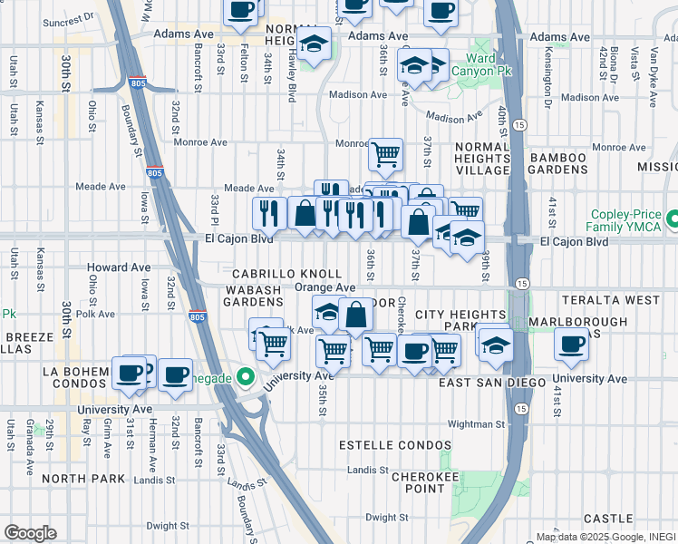 map of restaurants, bars, coffee shops, grocery stores, and more near 4234 Wilson Avenue in San Diego