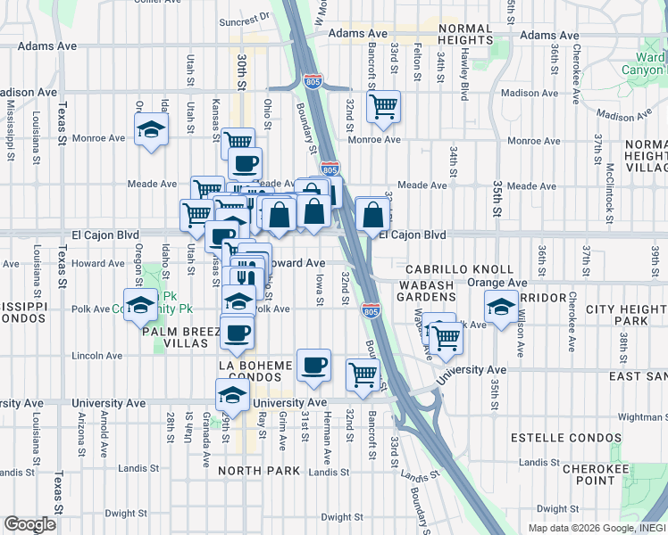 map of restaurants, bars, coffee shops, grocery stores, and more near 3167 Howard Avenue in San Diego