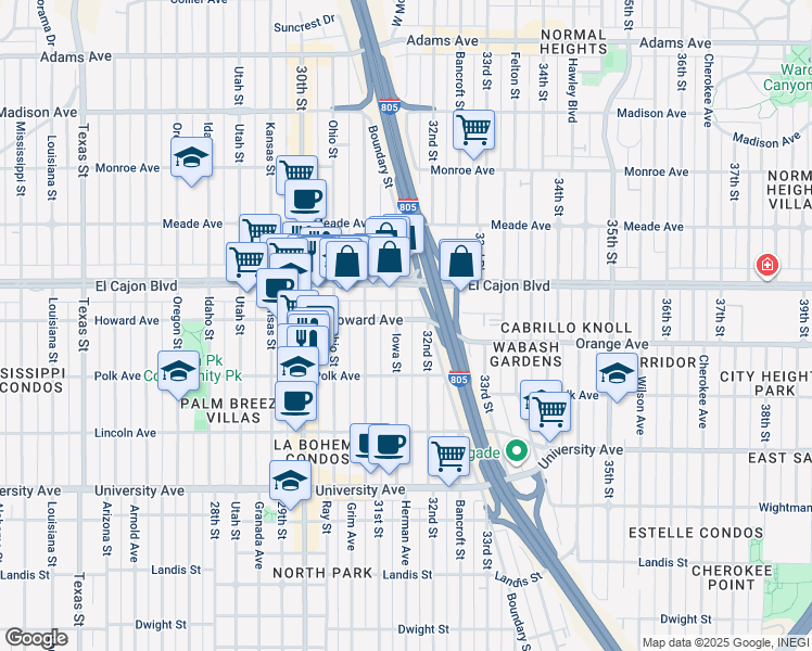 map of restaurants, bars, coffee shops, grocery stores, and more near 3167 Howard Avenue in San Diego