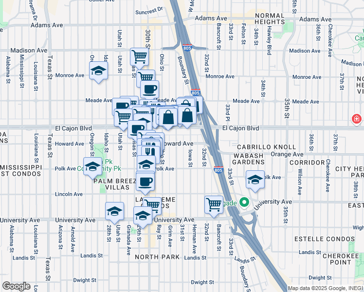 map of restaurants, bars, coffee shops, grocery stores, and more near 4195 Illinois Street in San Diego