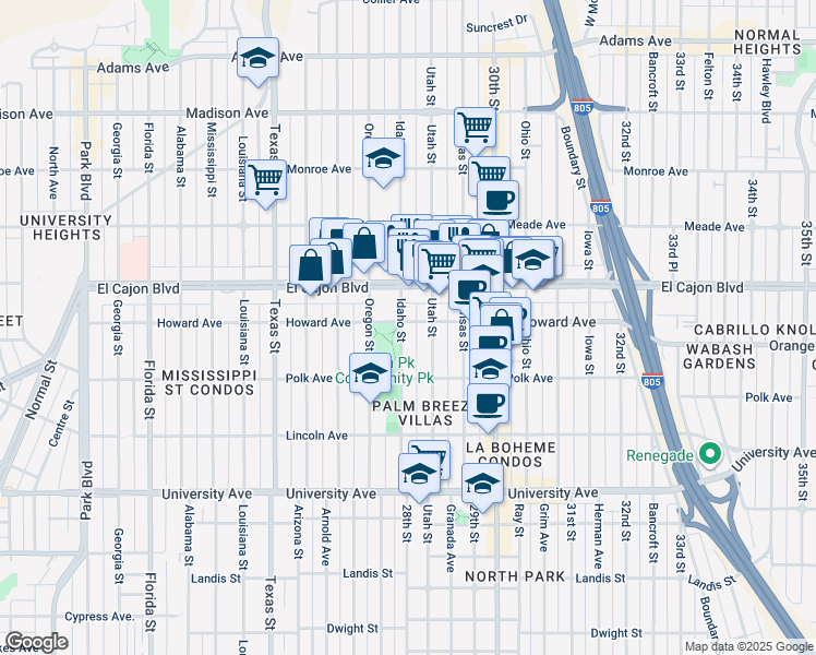 map of restaurants, bars, coffee shops, grocery stores, and more near 2815 Howard Avenue in San Diego
