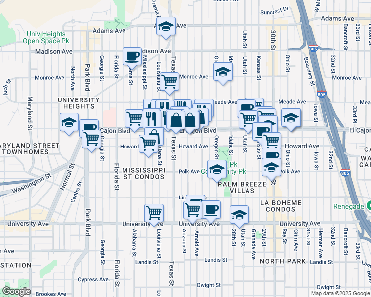 map of restaurants, bars, coffee shops, grocery stores, and more near 2433 Howard Avenue in San Diego