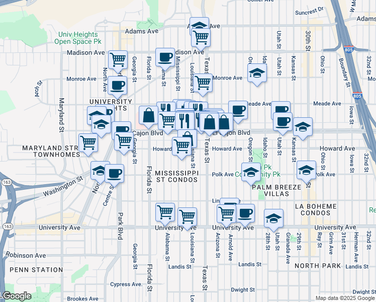 map of restaurants, bars, coffee shops, grocery stores, and more near 2203 Howard Avenue in San Diego
