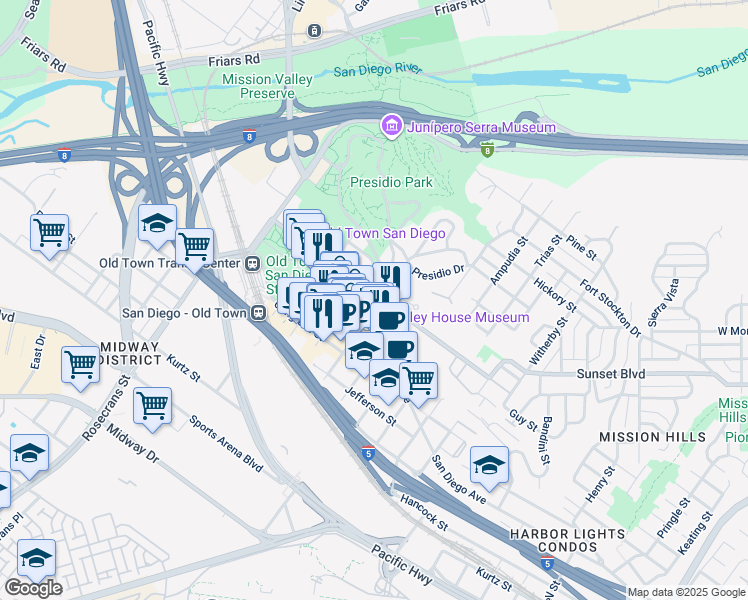 map of restaurants, bars, coffee shops, grocery stores, and more near 4015 Twiggs Street in San Diego