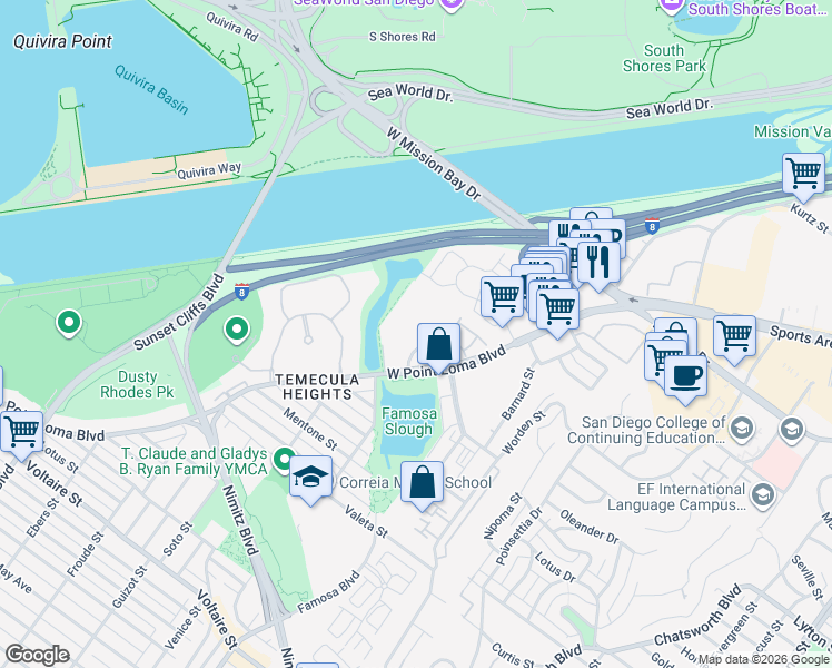 map of restaurants, bars, coffee shops, grocery stores, and more near 3050 Rue D’Orleans in San Diego