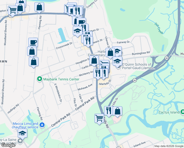 map of restaurants, bars, coffee shops, grocery stores, and more near 515 Folly Road in Charleston