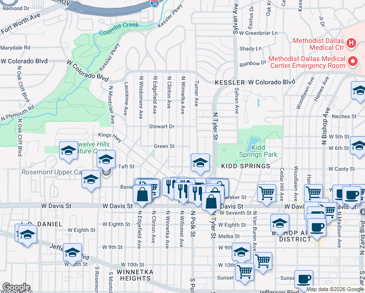 map of restaurants, bars, coffee shops, grocery stores, and more near 902 North Winnetka Avenue in Dallas