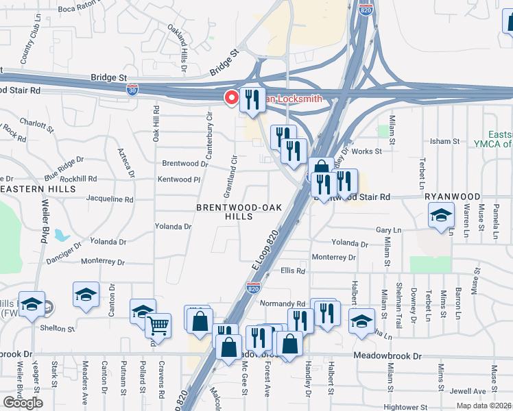 map of restaurants, bars, coffee shops, grocery stores, and more near 6451 Franwood Terrace in Fort Worth