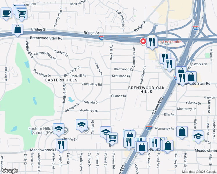 map of restaurants, bars, coffee shops, grocery stores, and more near 1701 Azteca Drive in Fort Worth