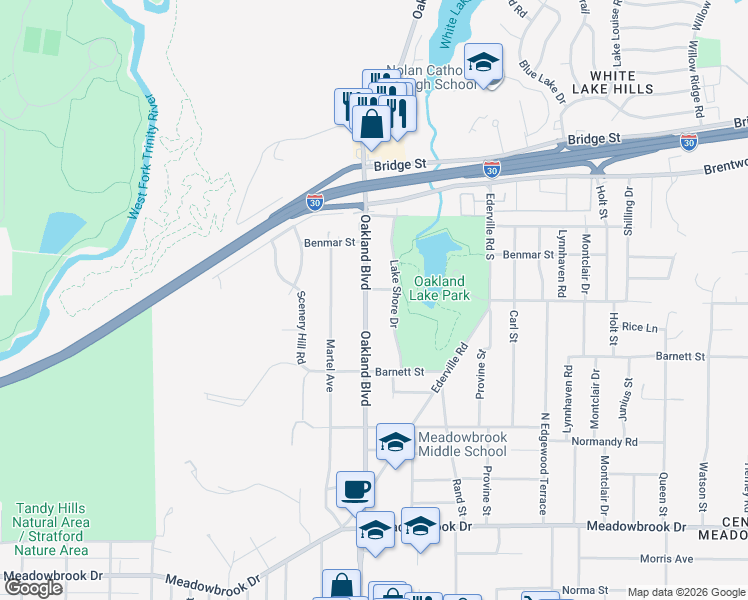 map of restaurants, bars, coffee shops, grocery stores, and more near 1701 Oakland Boulevard in Fort Worth