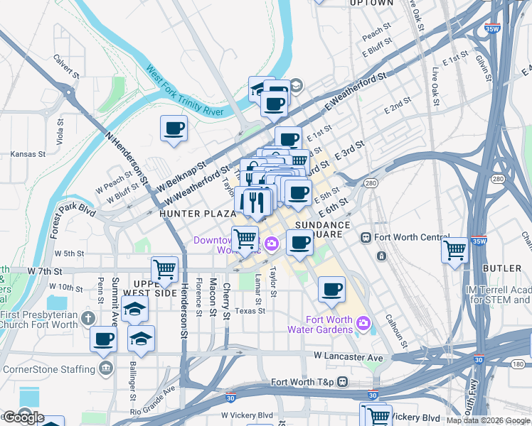 map of restaurants, bars, coffee shops, grocery stores, and more near 515 West 4th Street in Fort Worth