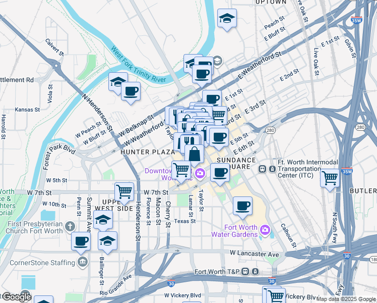 map of restaurants, bars, coffee shops, grocery stores, and more near 335 West 3rd Street in Fort Worth