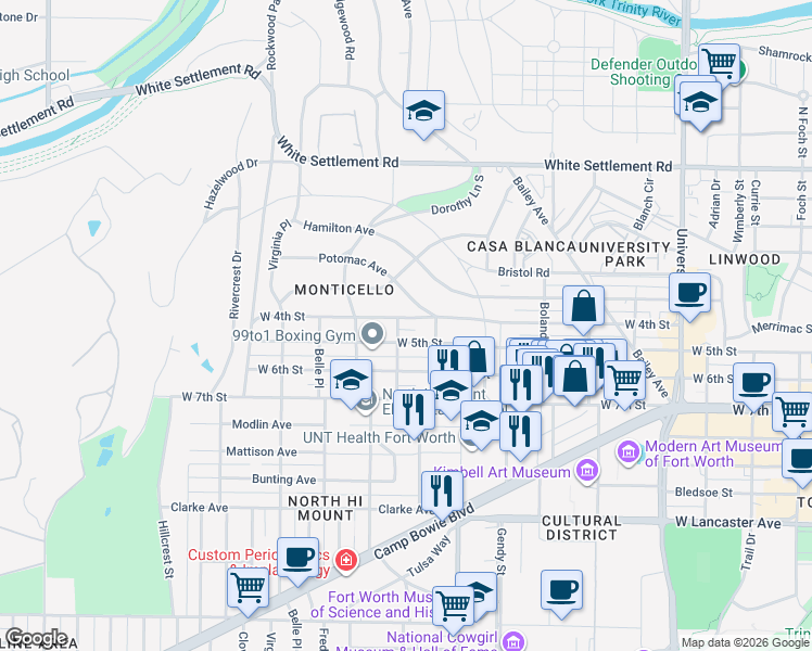 map of restaurants, bars, coffee shops, grocery stores, and more near 3755 West 4th Street in Fort Worth