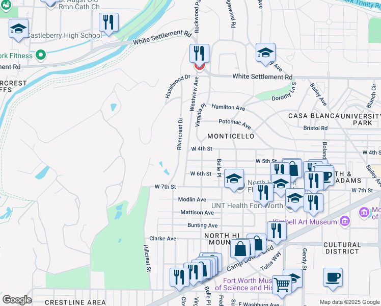 map of restaurants, bars, coffee shops, grocery stores, and more near 501 Rivercrest Drive in Fort Worth