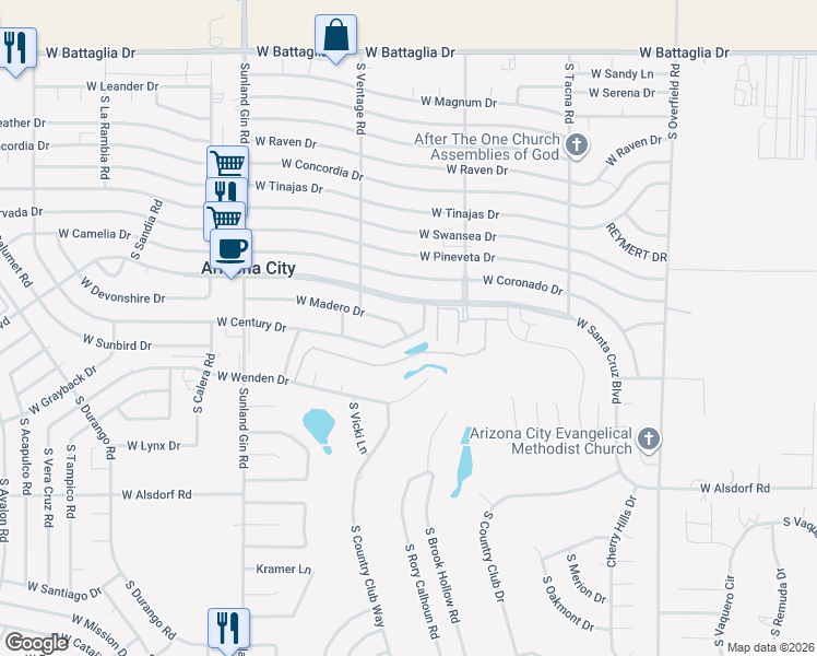 map of restaurants, bars, coffee shops, grocery stores, and more near 8994 West Madero Drive in Arizona City
