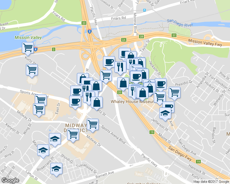 map of restaurants, bars, coffee shops, grocery stores, and more near 4549 Pacific Highway in San Diego