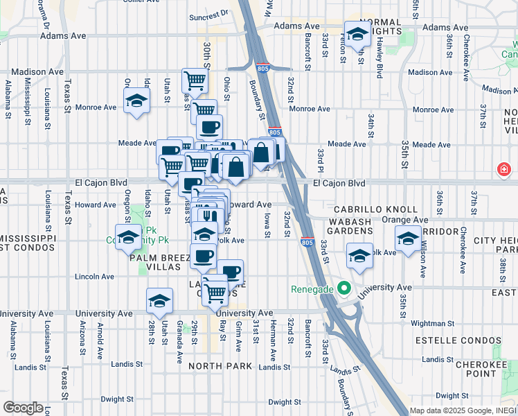 map of restaurants, bars, coffee shops, grocery stores, and more near 3125 Howard Avenue in San Diego