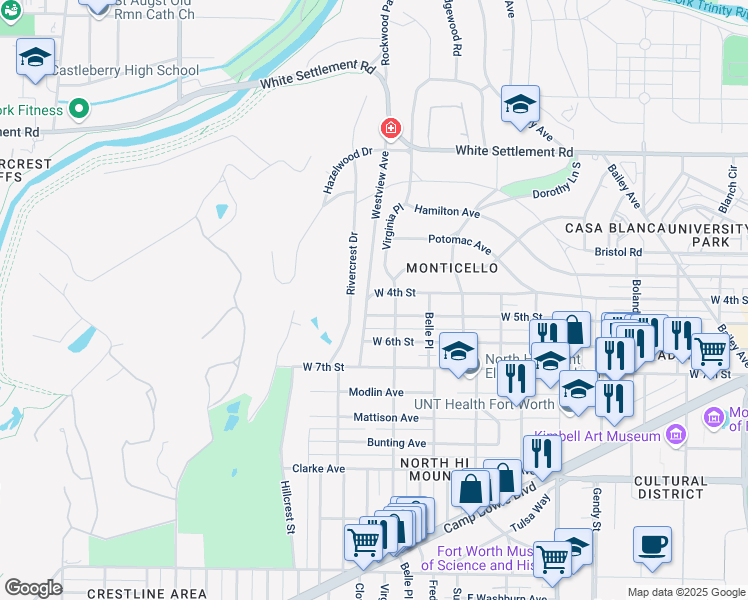 map of restaurants, bars, coffee shops, grocery stores, and more near 501 Rivercrest Drive in Fort Worth