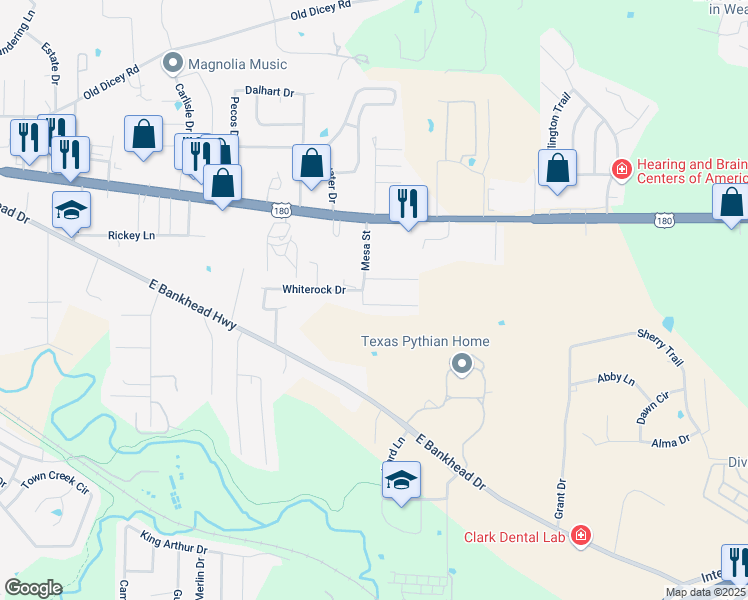 map of restaurants, bars, coffee shops, grocery stores, and more near 1805 Laura Street in Weatherford