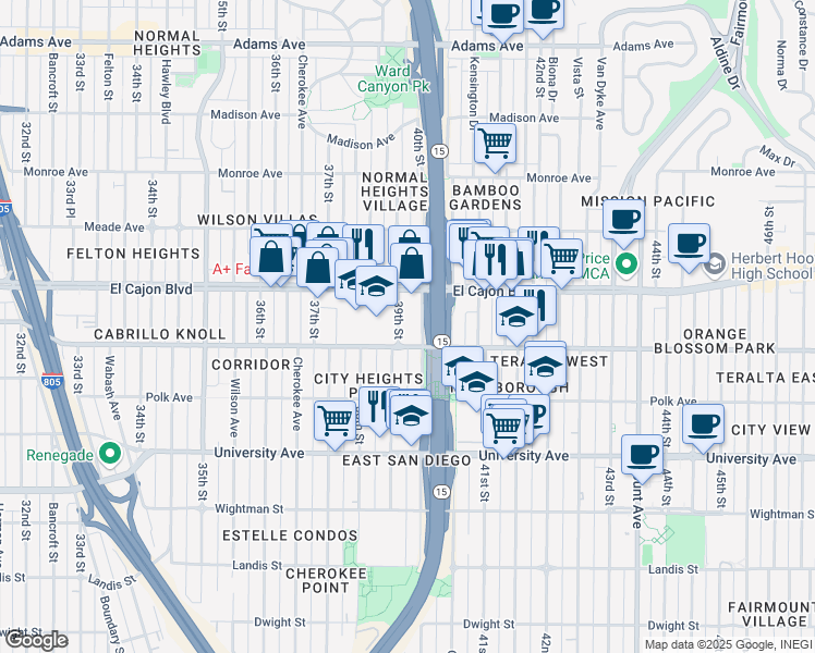 map of restaurants, bars, coffee shops, grocery stores, and more near 4233 39th Street in San Diego