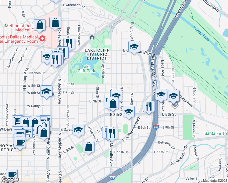 map of restaurants, bars, coffee shops, grocery stores, and more near 501 North Marsalis Avenue in Dallas