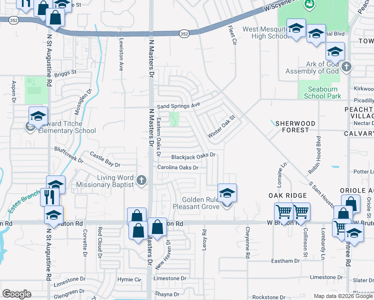 map of restaurants, bars, coffee shops, grocery stores, and more near 10328 Oak Branch Lane in Dallas