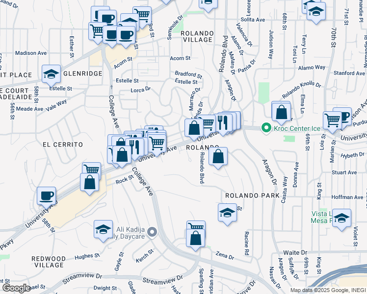 map of restaurants, bars, coffee shops, grocery stores, and more near 6265 University Avenue in San Diego
